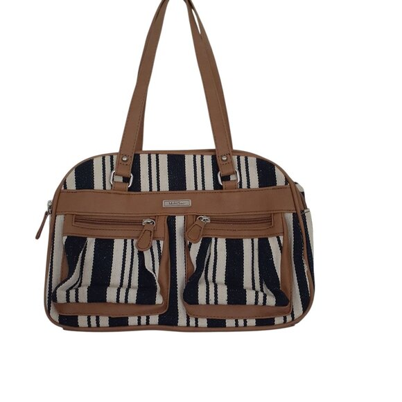 MultiSac Malibu Large Satchel Handbag Purse Striped Faux Leather Trim w/Wallet - Picture 3 of 6